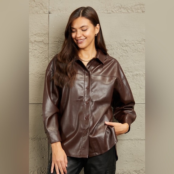 e.Luna Vegan Leather Button Down Shirt - Picture 1 of 5